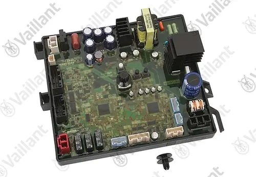 Leiterplatte von Vaillant mit verschiedenen elektrischen Komponenten, darunter Kondensatoren, Widerstände und Steckverbinder, in einem kompakten Schwarz-Gehäuse.